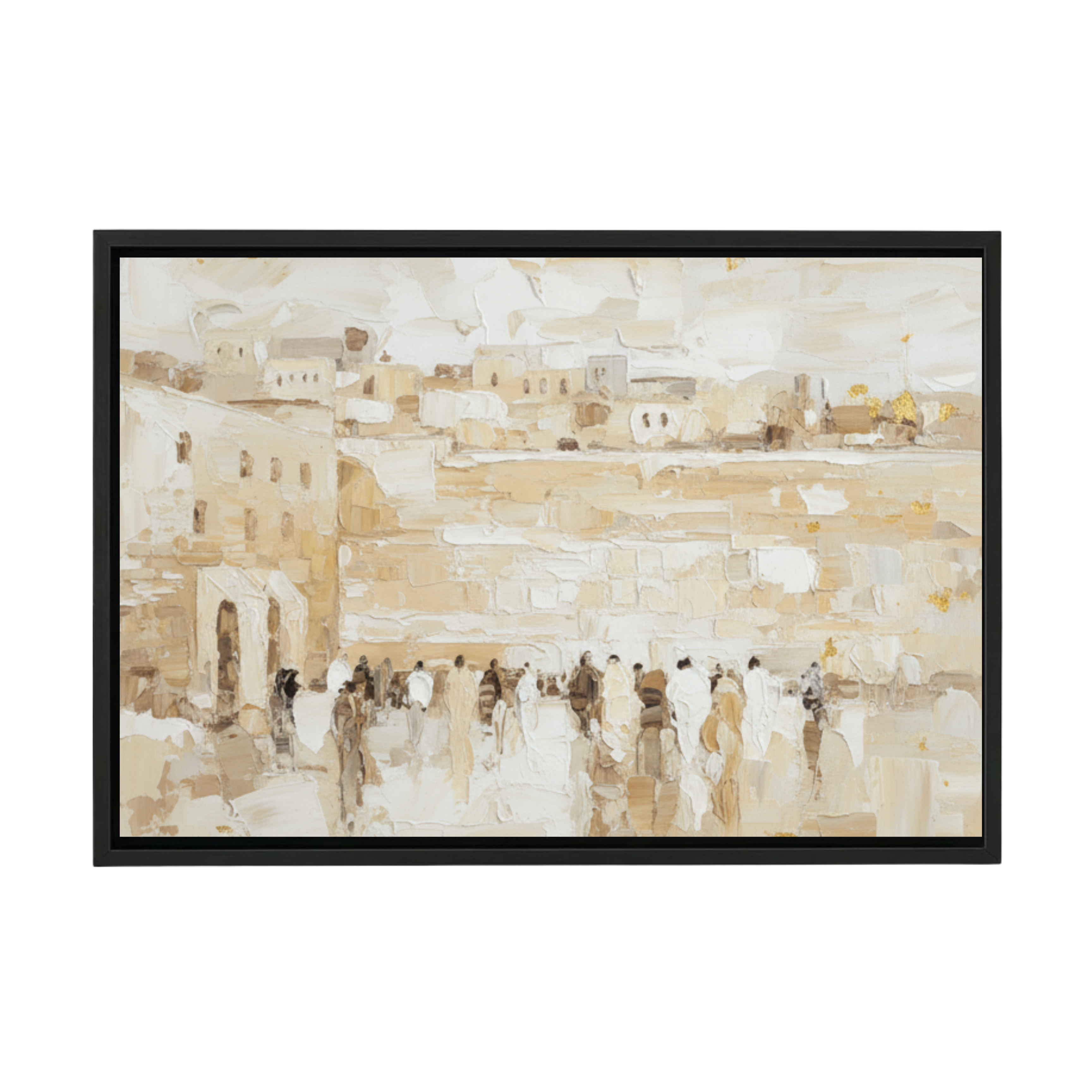 Framed canvas art of the Western Wall at sunset in warm beige and gold tones with abstract figures.