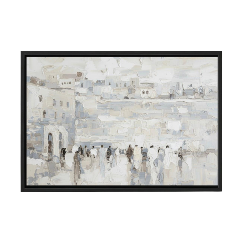 Silver and gray Western Wall artwork on canvas with black frame, abstract style.