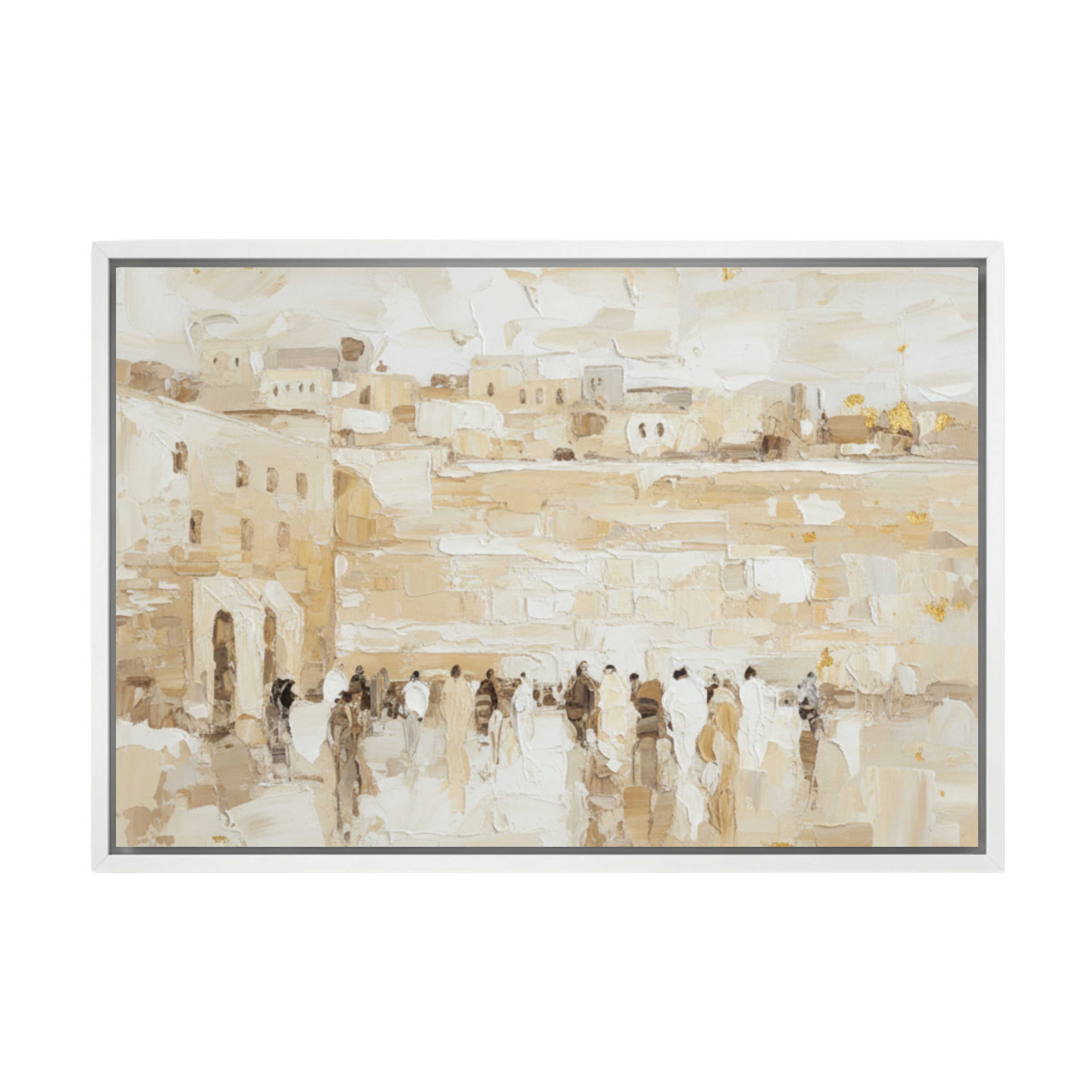 Abstract beige and white painting of the Western Wall with small figures, framed in white wood.