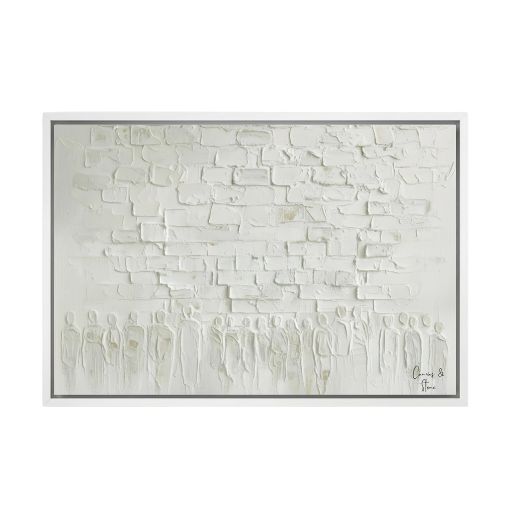 Whitewashed textured modern Western Wall art with subtle figures and light gray frame.
