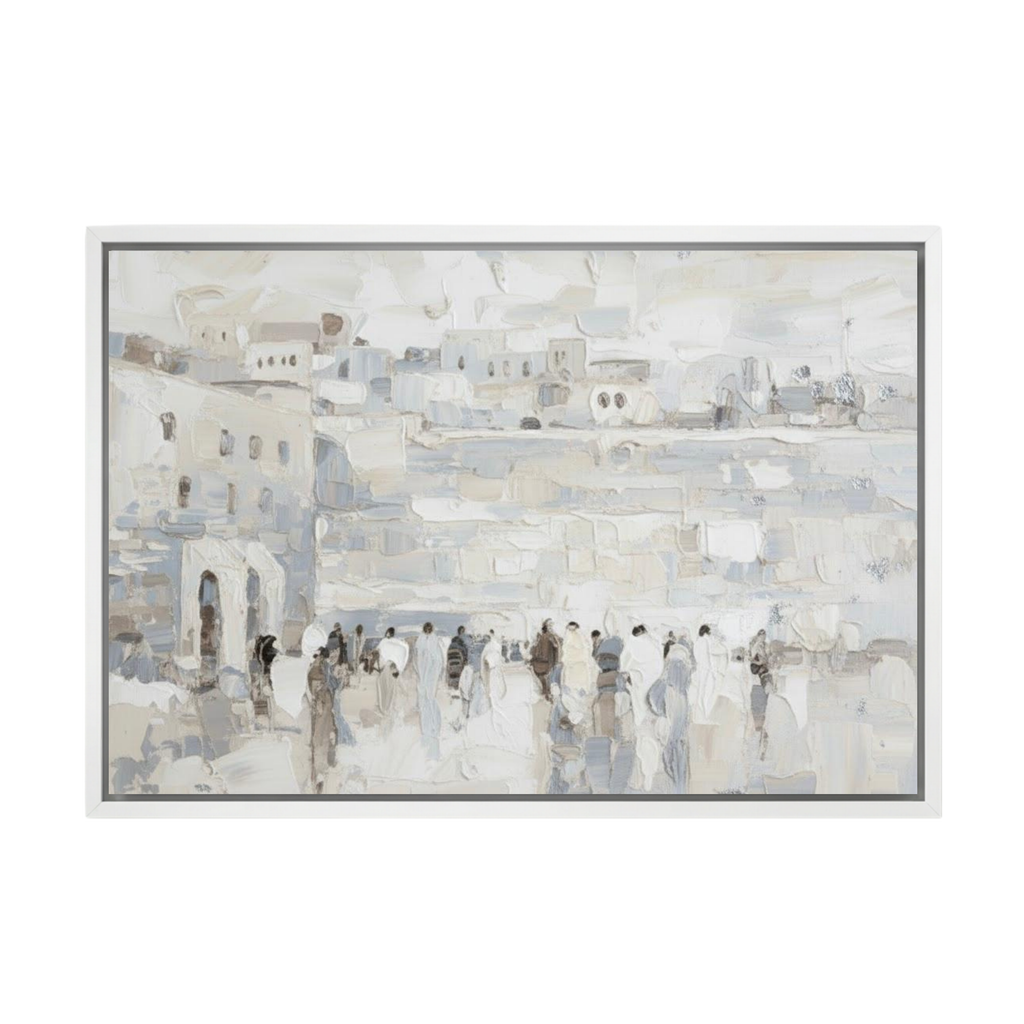 Silver and gray abstract painting of the Western Wall with figures, framed in white wood.