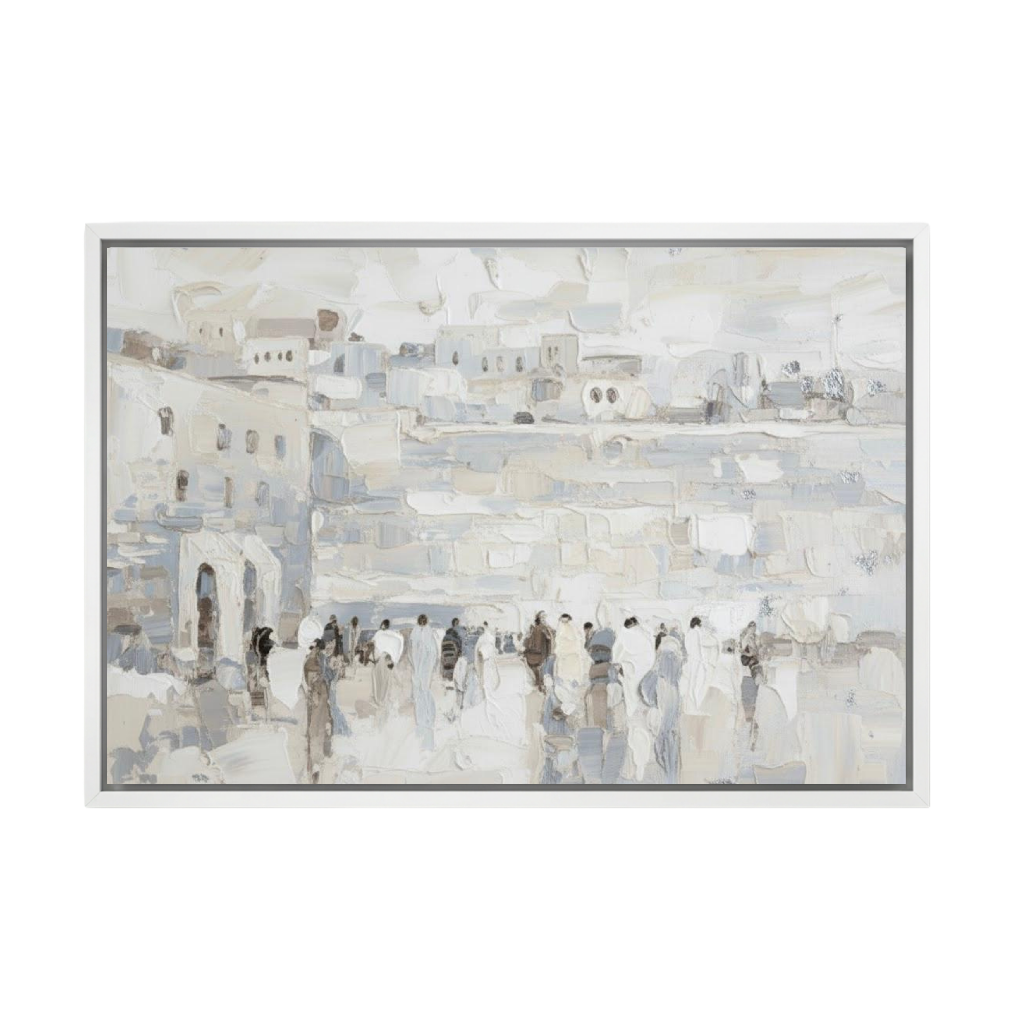 Silver and gray abstract painting of the Western Wall with figures, framed in white wood.