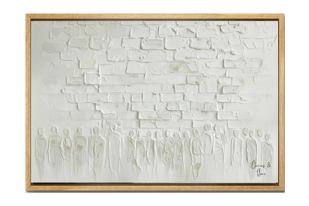 Whitewashed textured Jerusalem Western Wall art on canvas with light wood pine frame.