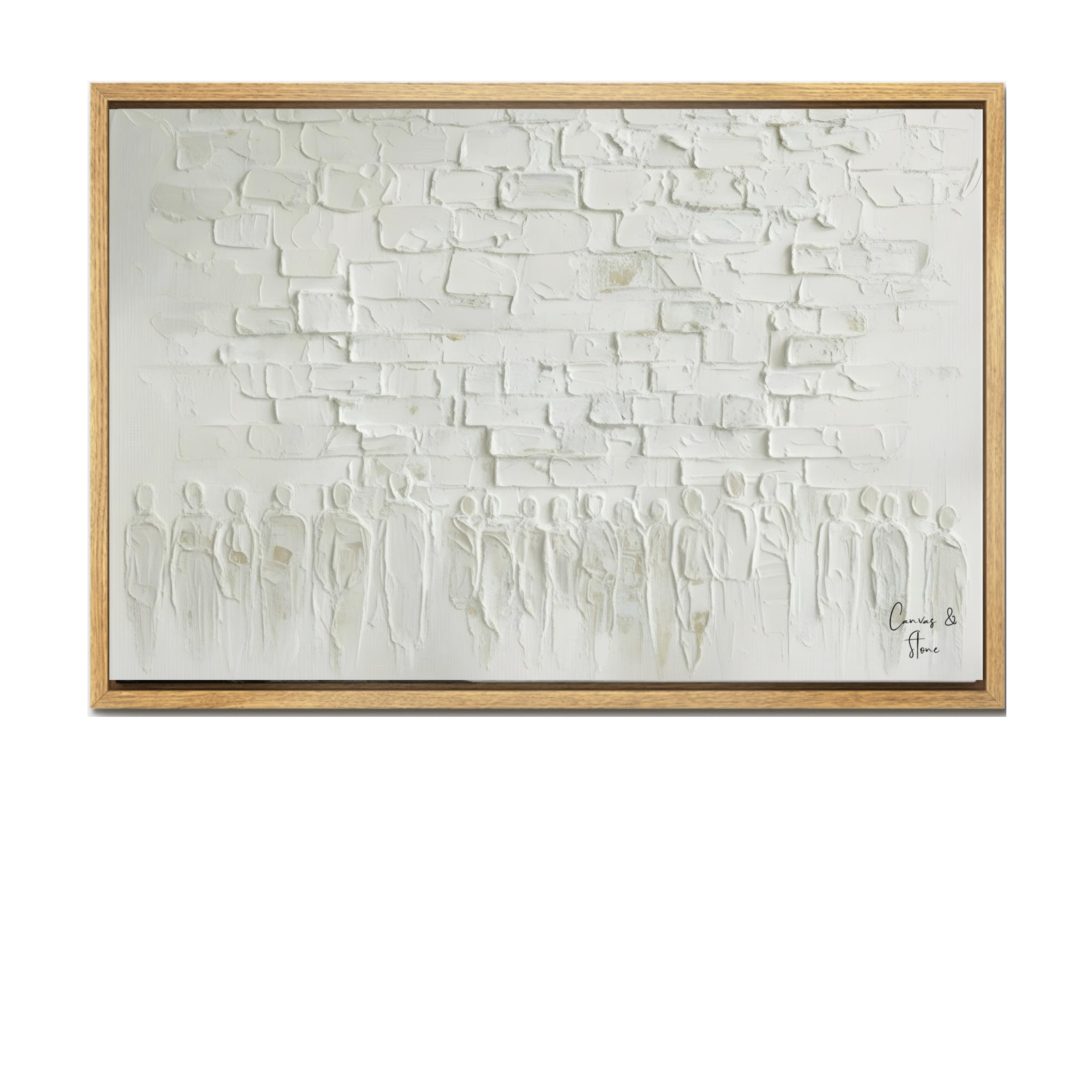 Whitewashed textured Jerusalem Western Wall art on canvas with light wood pine frame.