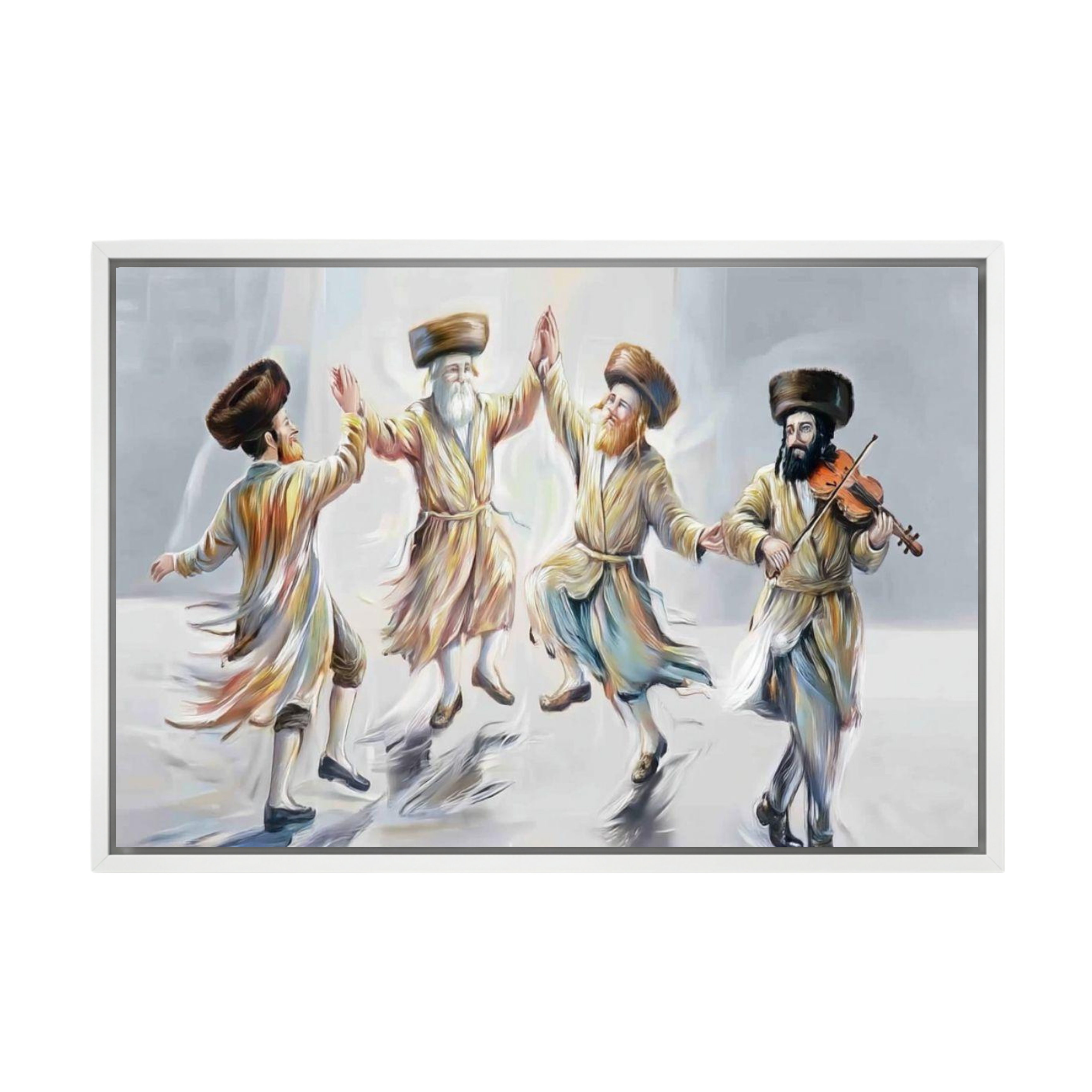 Colorful acrylic painting of Hasidic men dancing joyfully in traditional attire with one playing violin.