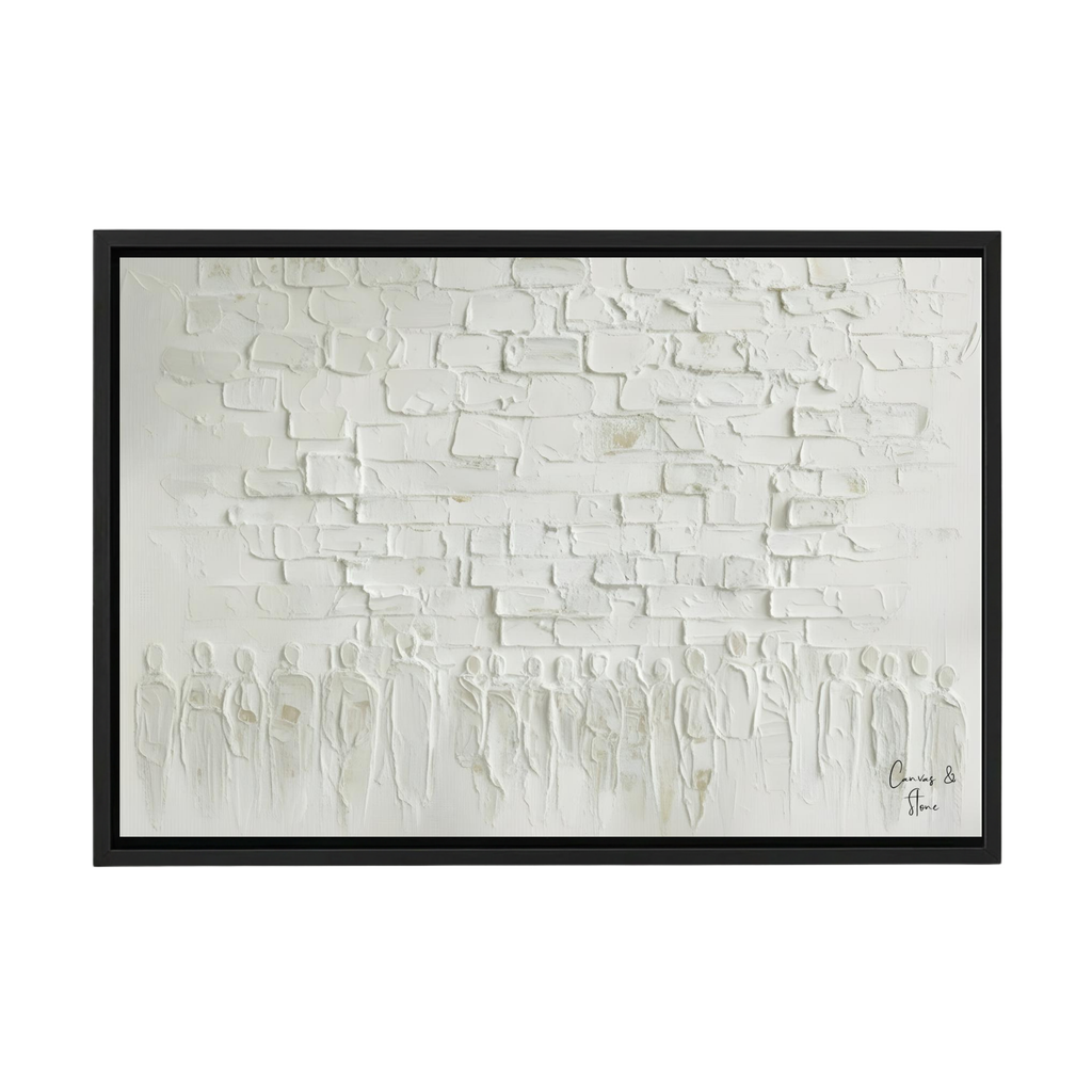 Whitewashed textured Jerusalem Western Wall art with embossed figures in black frame.
