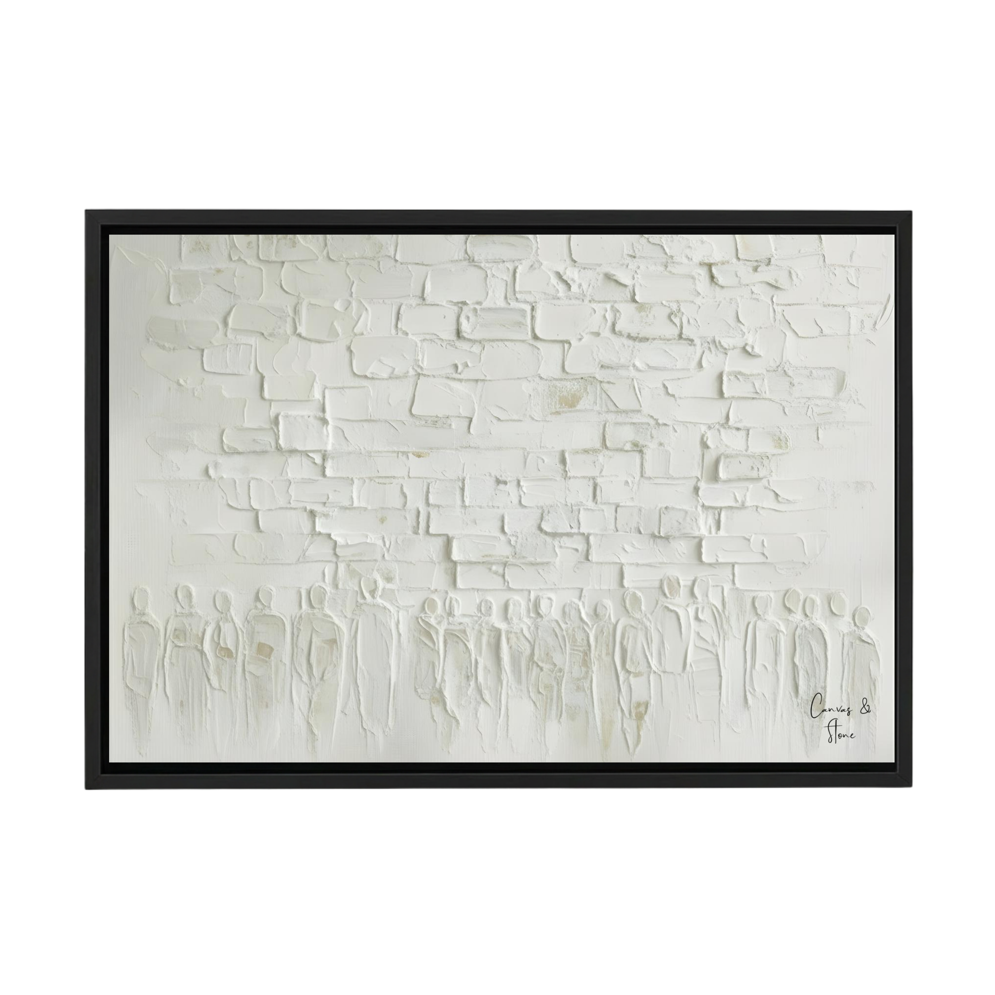 Whitewashed textured Jerusalem Western Wall art with embossed figures in black frame.