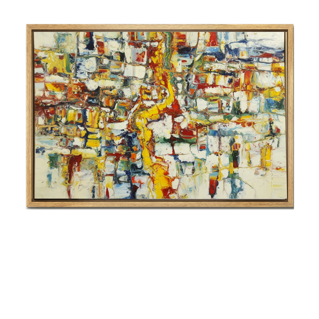 Abstract colorful Western Wall art on canvas with light wood frame, vibrant yellows, reds, and blues.