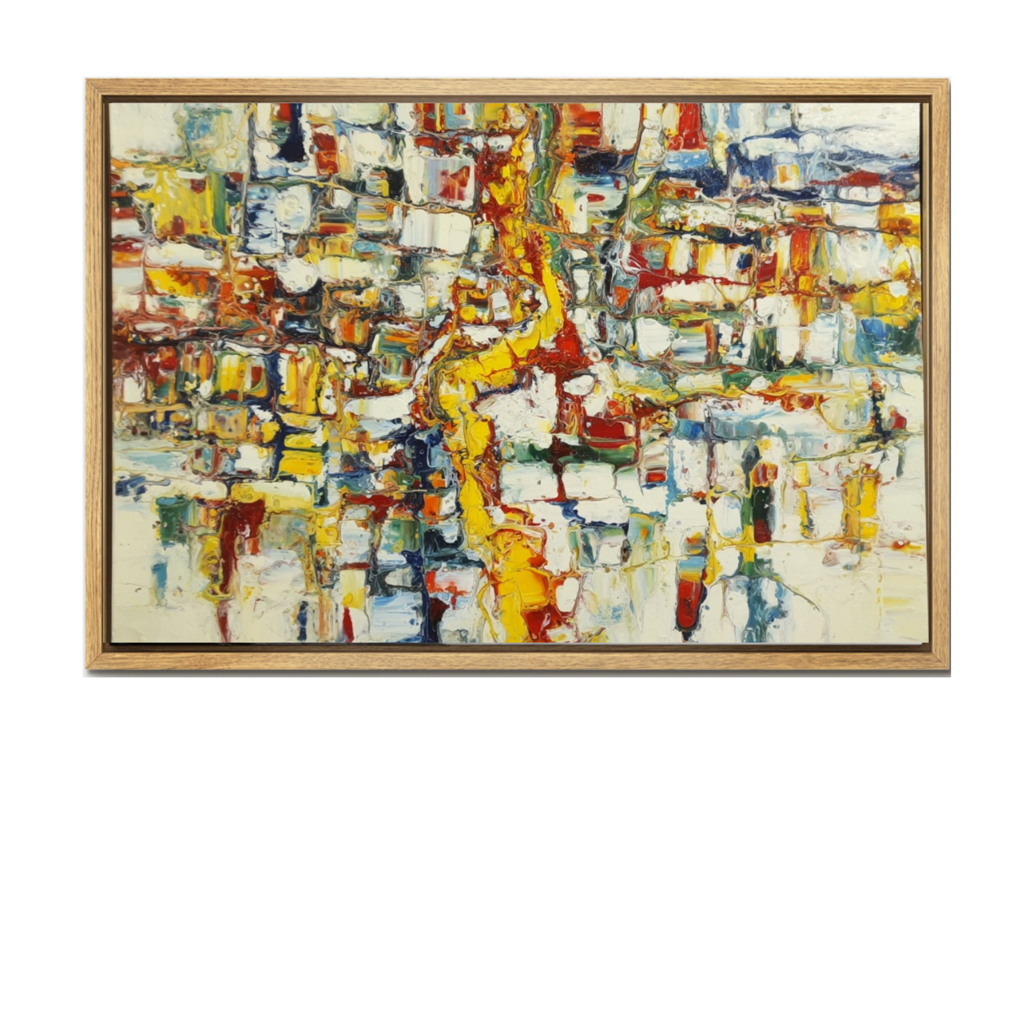 Abstract colorful Western Wall art on canvas with light wood frame, vibrant yellows, reds, and blues.