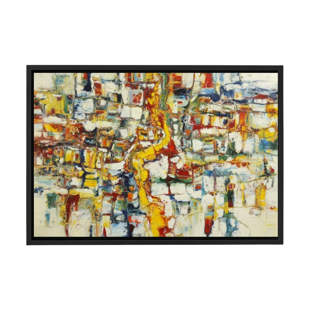 Abstract Western Wall art with vibrant yellows, reds, and blues in black frame.