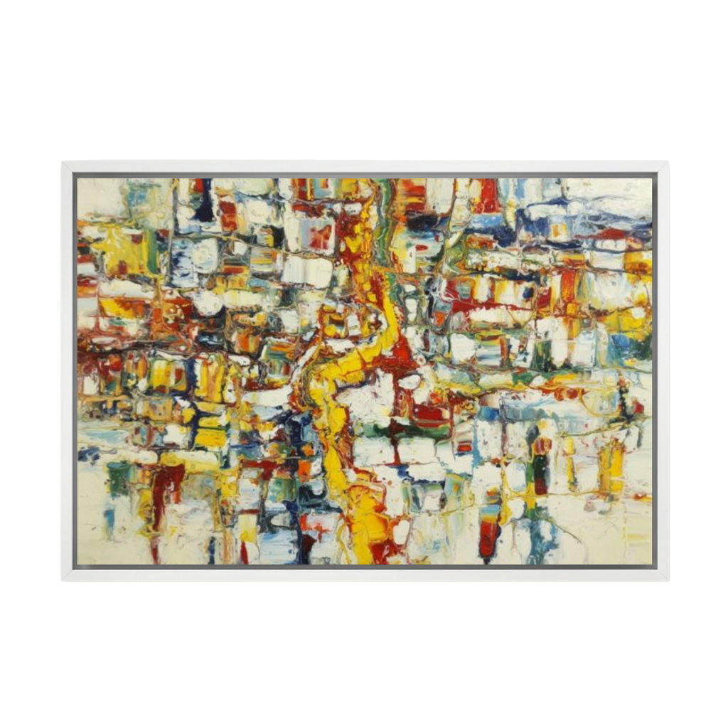 Abstract vibrant Western Wall art with bold yellow, red, blue, and white paint strokes in a thin light wooden frame.