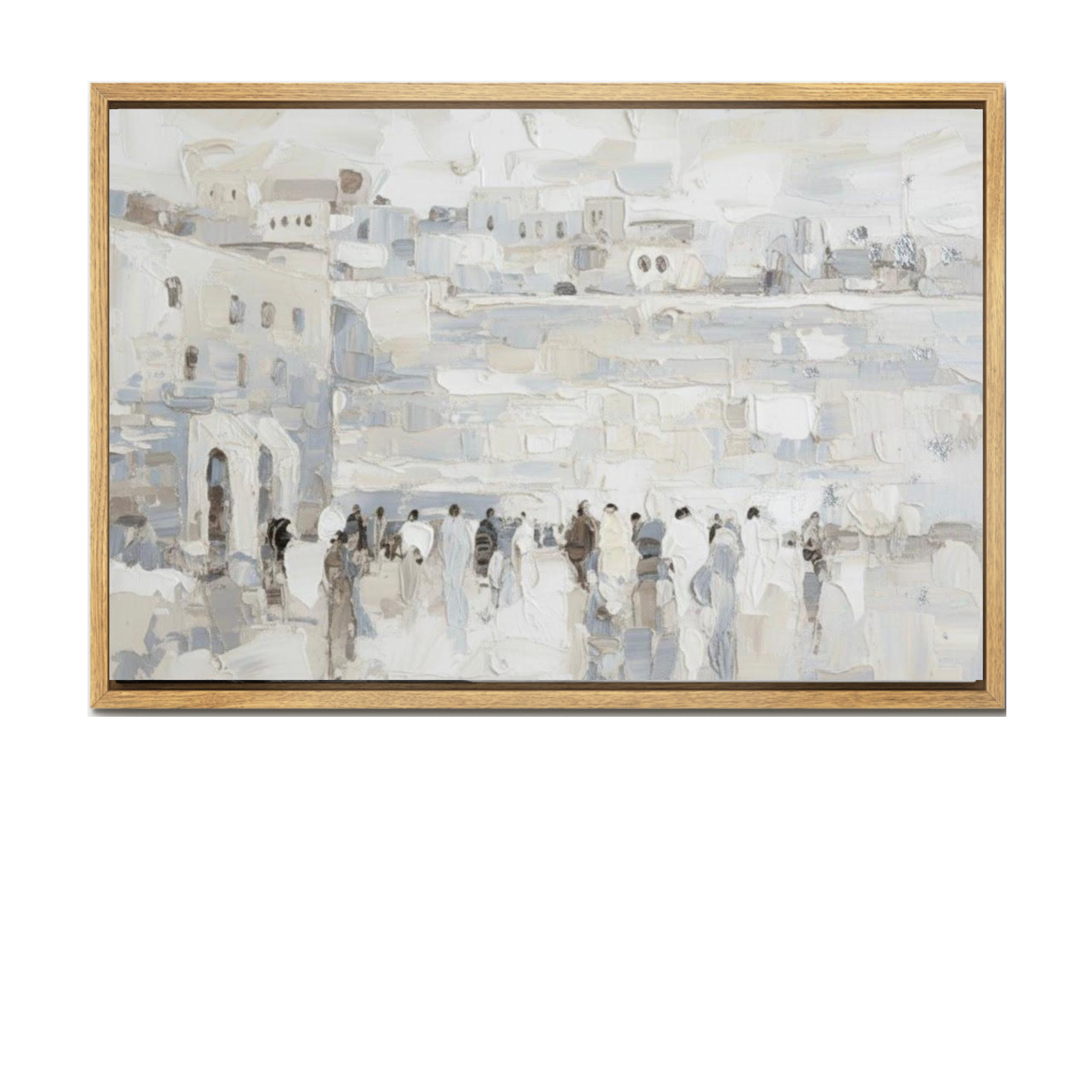 Silver-toned artistic depiction of the Western Wall with crowd, on canvas framed in light pine wood.