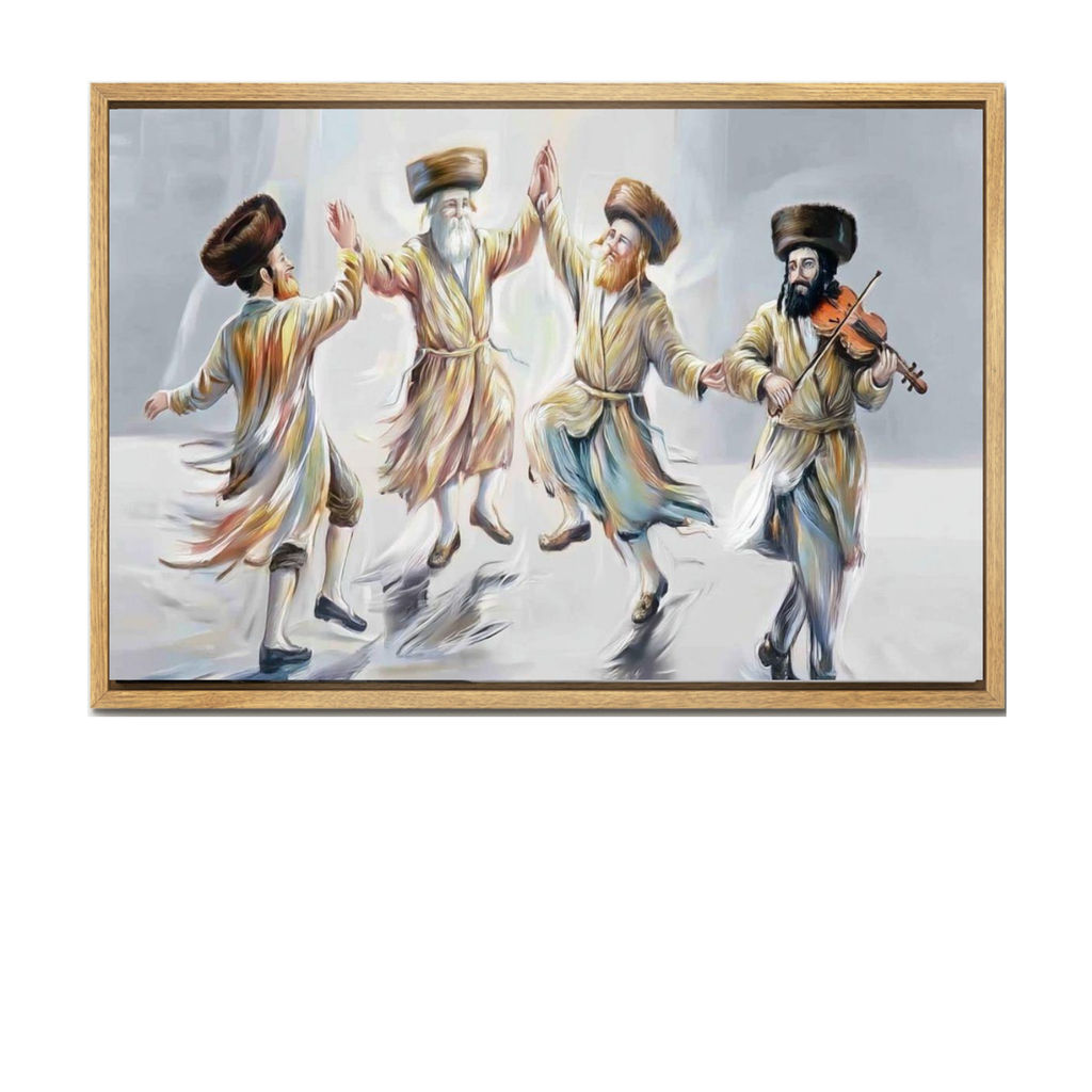 Joyful Hasidic men dancing and playing violin in traditional attire on canvas with light wood frame.