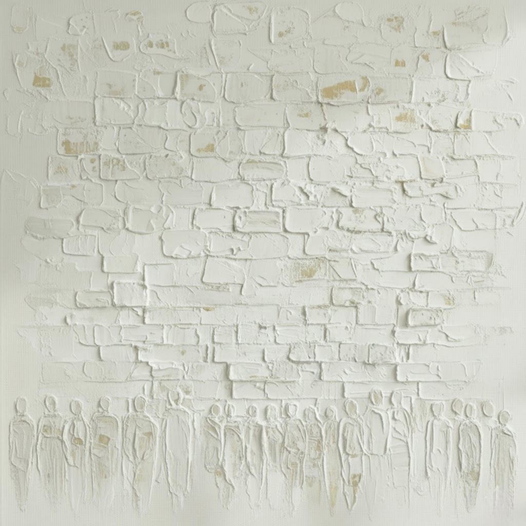 Whitewashed textured Western Wall art with abstract figures at bottom in monochromatic cream tones.