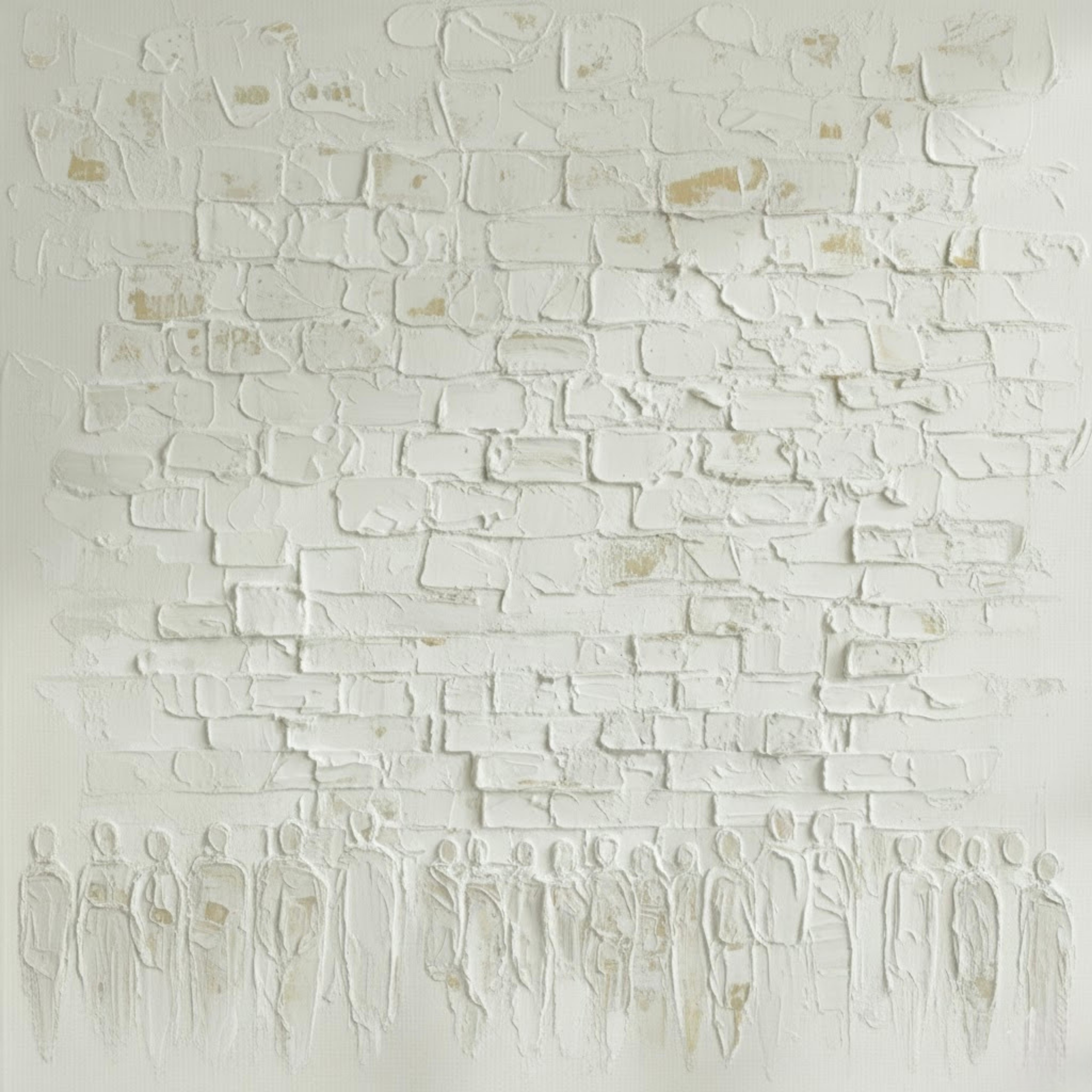 Whitewashed textured Western Wall art with abstract figures at bottom in monochromatic cream tones.