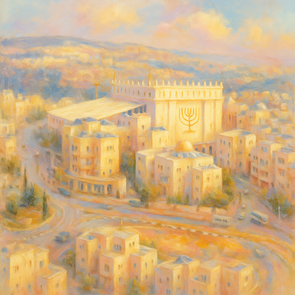 Painting of a cityscape with a prominent building featuring a menorah symbol.