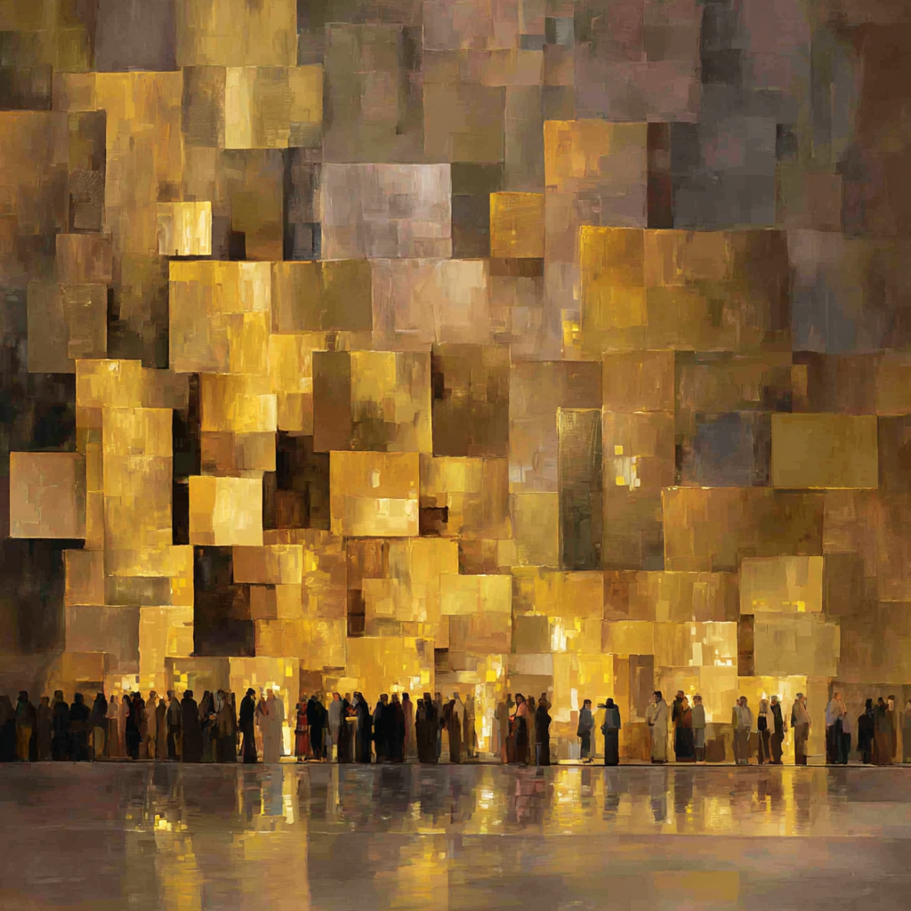 Abstract golden mosaic art depicting the Western Wall with silhouettes of people at the base.