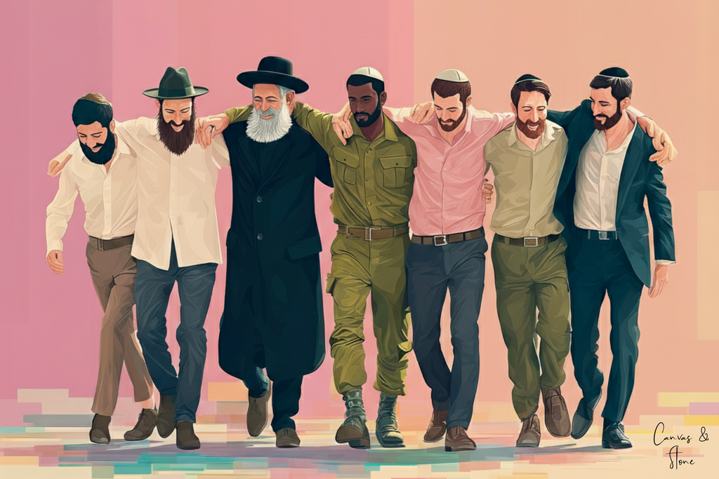 Illustration of seven men arm-in-arm from diverse backgrounds wearing varied traditional and modern clothing with a pink and .