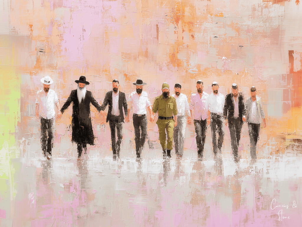 Impressionistic oil painting style of diverse men walking together with warm pastel background colors.