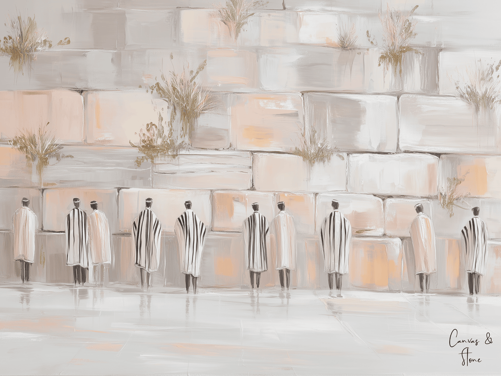 Minimalist art print of worshippers at the Western Wall in soft beige, gray, and cream tones.