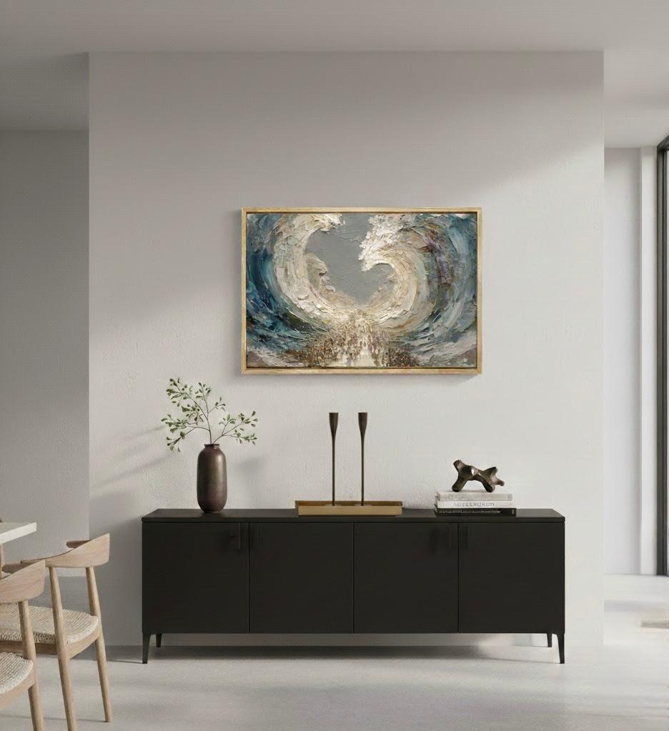 Dramatic impasto painting showing the Exodus scene where Moses parts the Red Sea. Thick sculptural layers of oil paint create towering waves in shades of blue, turquoise, white and cream that curve overhead like a cathedral arch. Gold and amber tones highlight the cresting water. Below, small figures rendered in browns and grays crowd along a sandy path between the walls of water. The heavy texture creates actual shadows and depth.