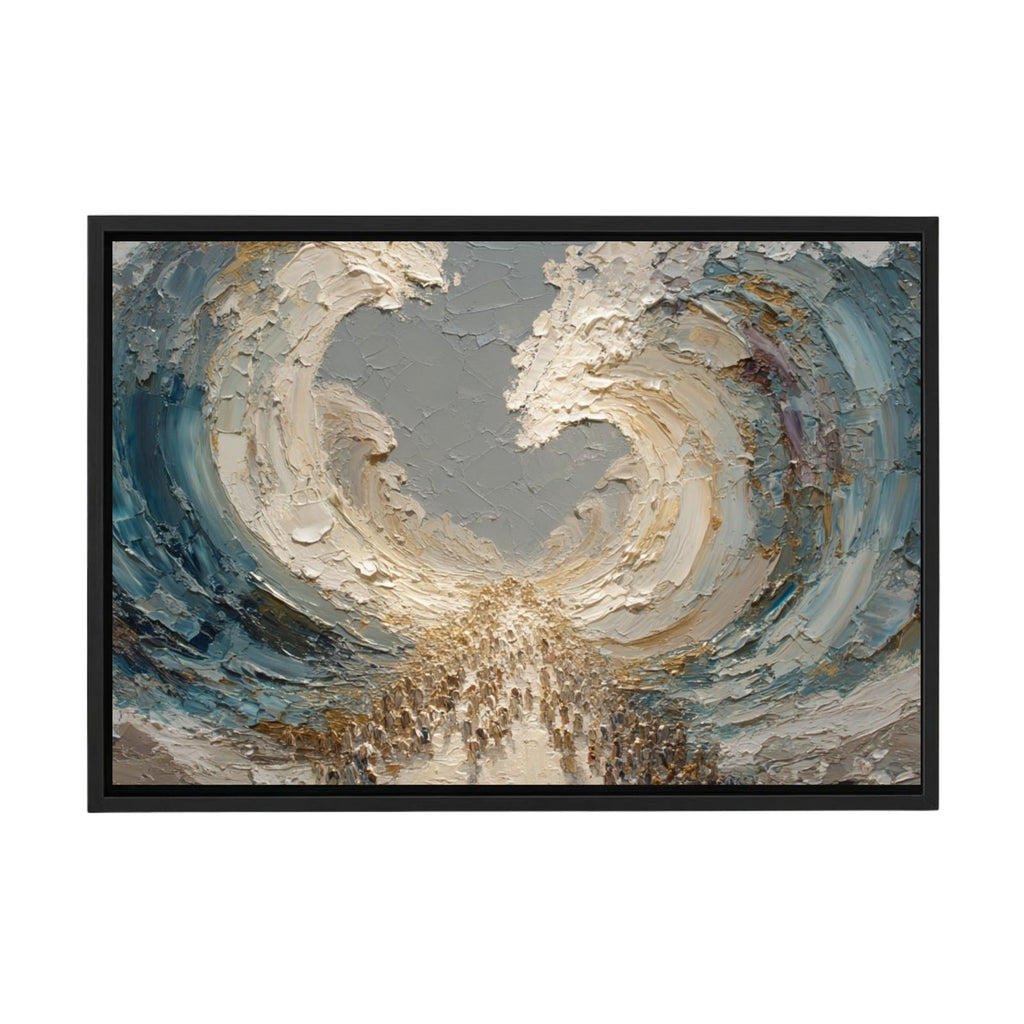 Oil painting in impasto technique with extremely thick paint application. Subject depicts biblical Red Sea parting with two large wave walls forming an arch overhead in cool blues and whites, while warm-toned crowds travel through the path below. The paint is applied so thickly it creates three-dimensional sculptural effects and visible brush strokes throughout.