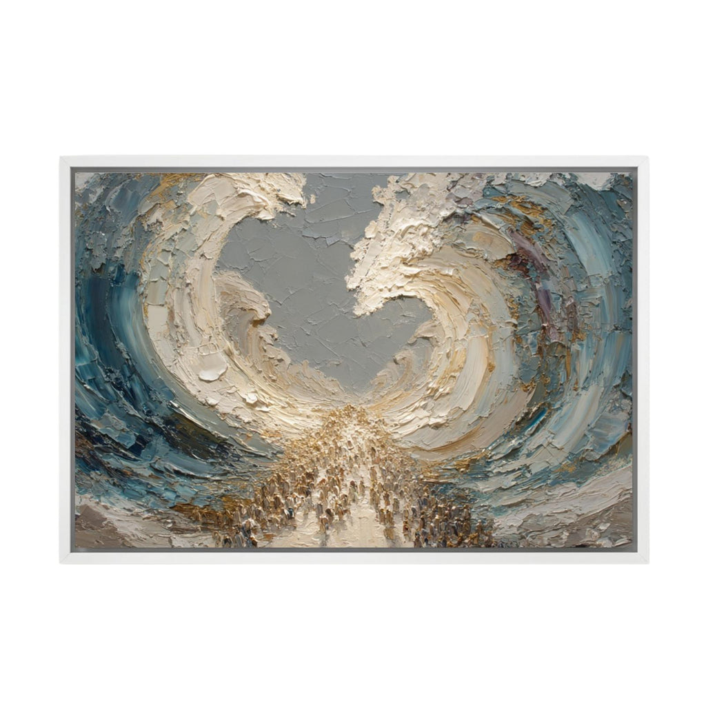 Heavily textured impasto oil painting depicting the biblical parting of the Red Sea. Massive walls of blue and white water arch overhead while golden-toned crowds walk through the divided path. Thick palette knife strokes create dramatic three-dimensional texture