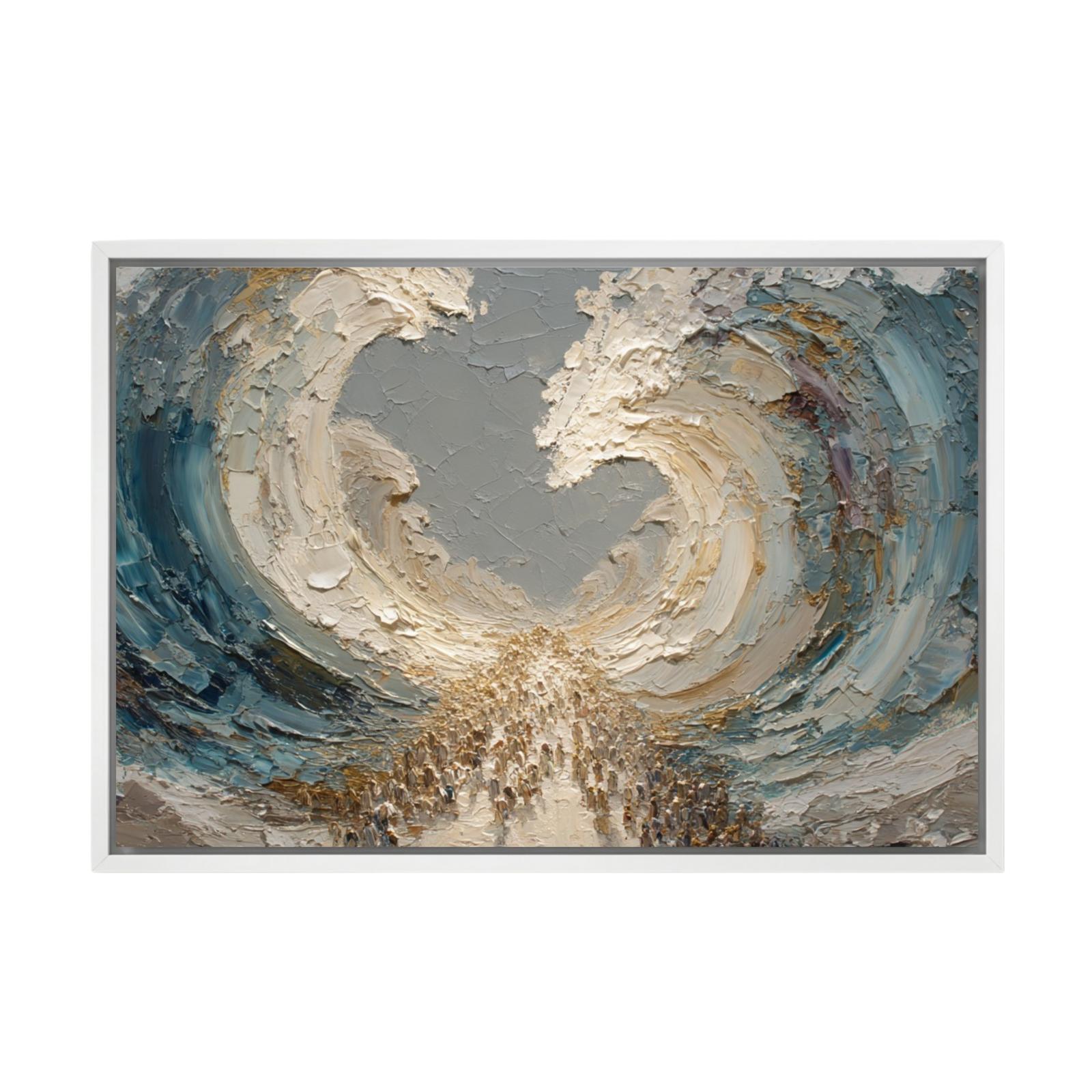 Heavily textured impasto oil painting depicting the biblical parting of the Red Sea. Massive walls of blue and white water arch overhead while golden-toned crowds walk through the divided path. Thick palette knife strokes create dramatic three-dimensional texture