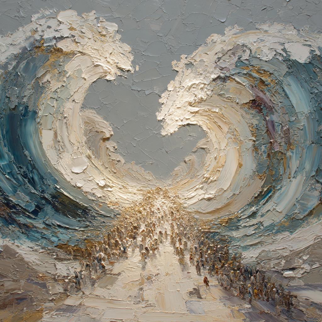 Impasto painting of the parting of the Red Sea with thick textured waves towering over crowds of small figures on a path below