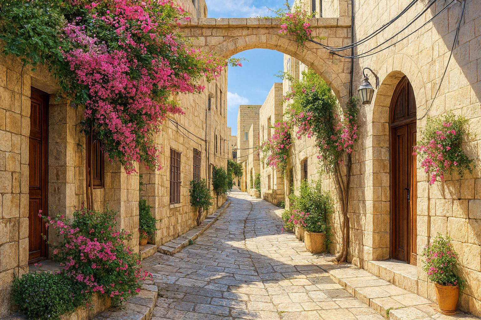 Stone street with flowers and buildings in a Mediterranean town