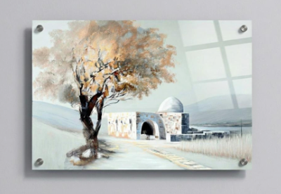 Neutral-toned acrylic art of Rachel's Tomb with tree, pathway, and dome on aluminum panel.