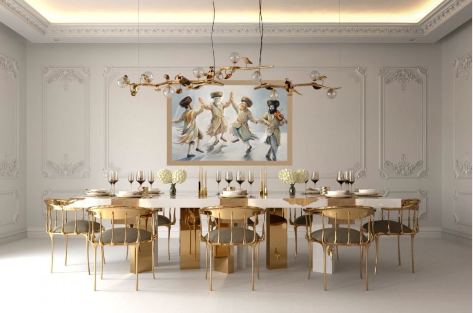 Bright Hasidim dancing canvas art with warm beige and blue tones above modern gold dining table and chairs in elegant white.