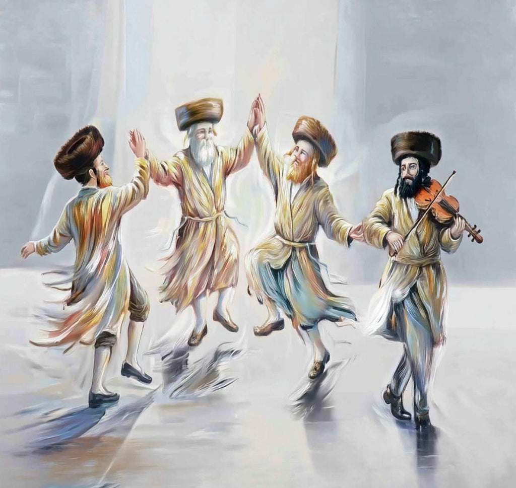 Joyful Hasidic men dancing in traditional attire with fur hats and flowing coats, one playing violin, soft neutral background.