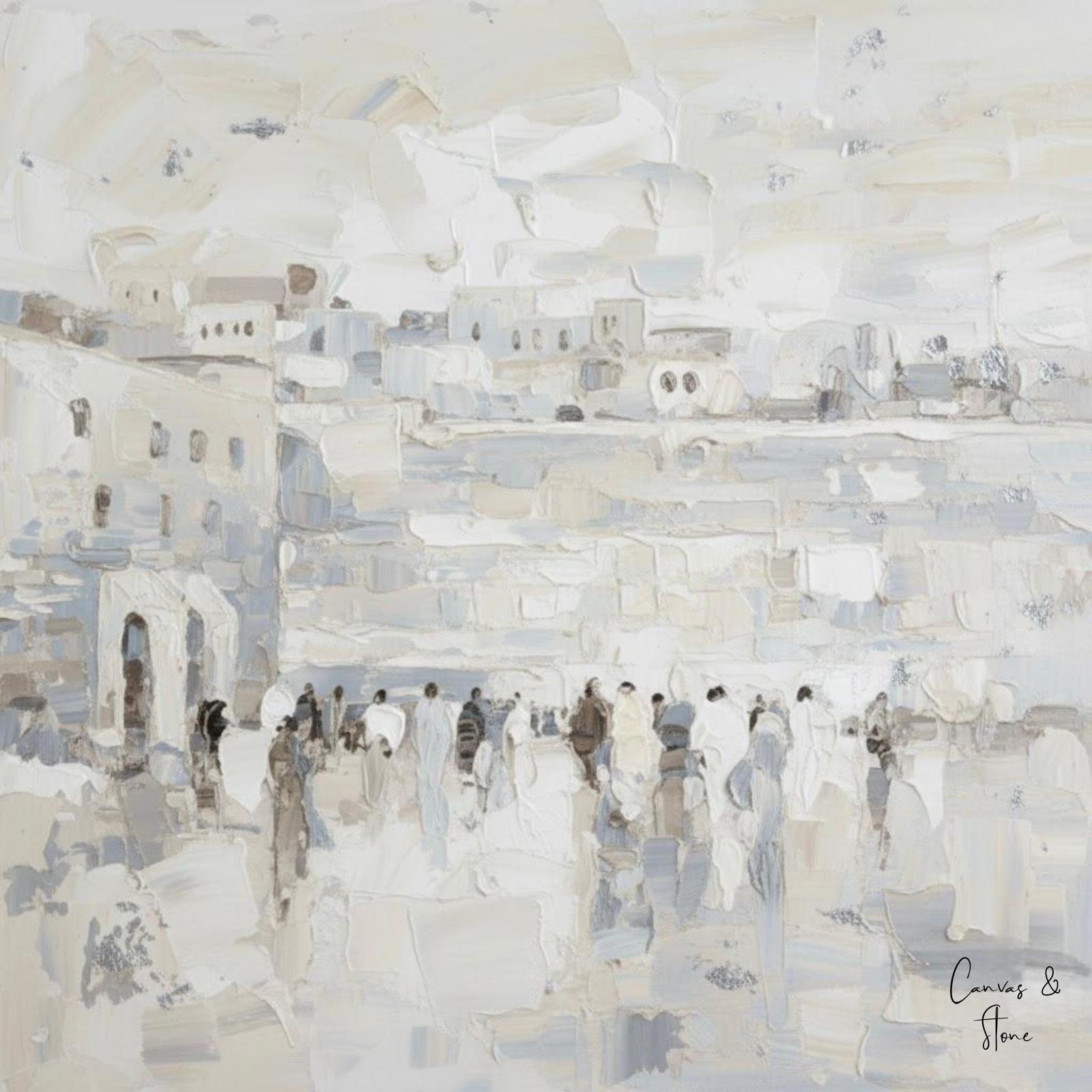 Abstract silver and white painting of the Western Wall with small human figures in front, textured brushstrokes.