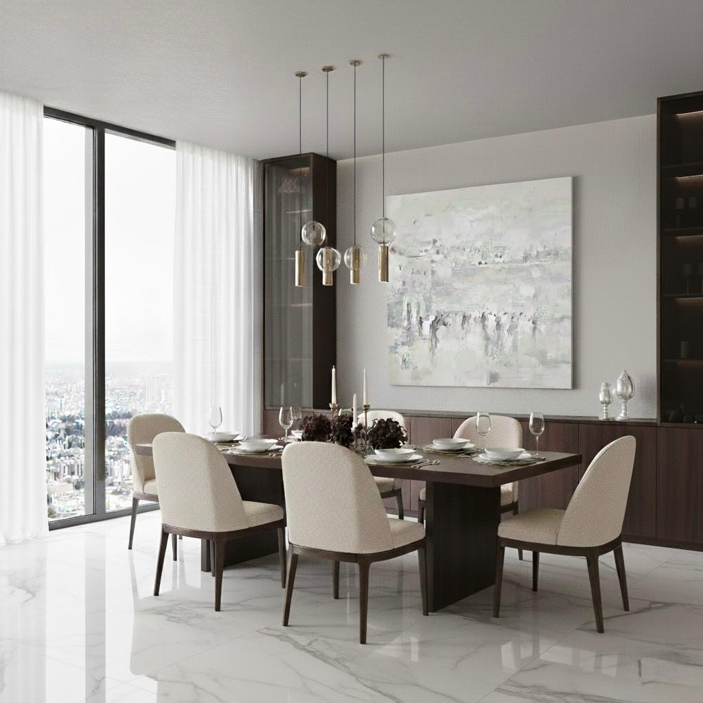Elegant dining room with modern beige chairs, dark wood table, and large silver abstract art on white wall.