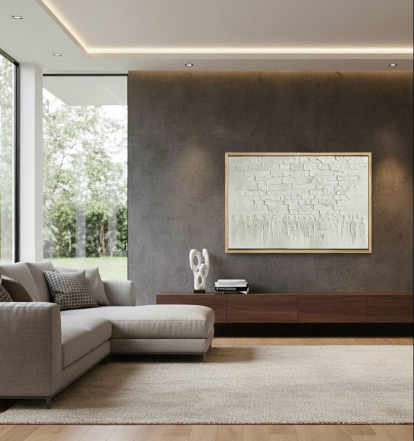 Whitewashed textured modern Western Wall art on a dark wall above a wooden console in a minimalist living room.