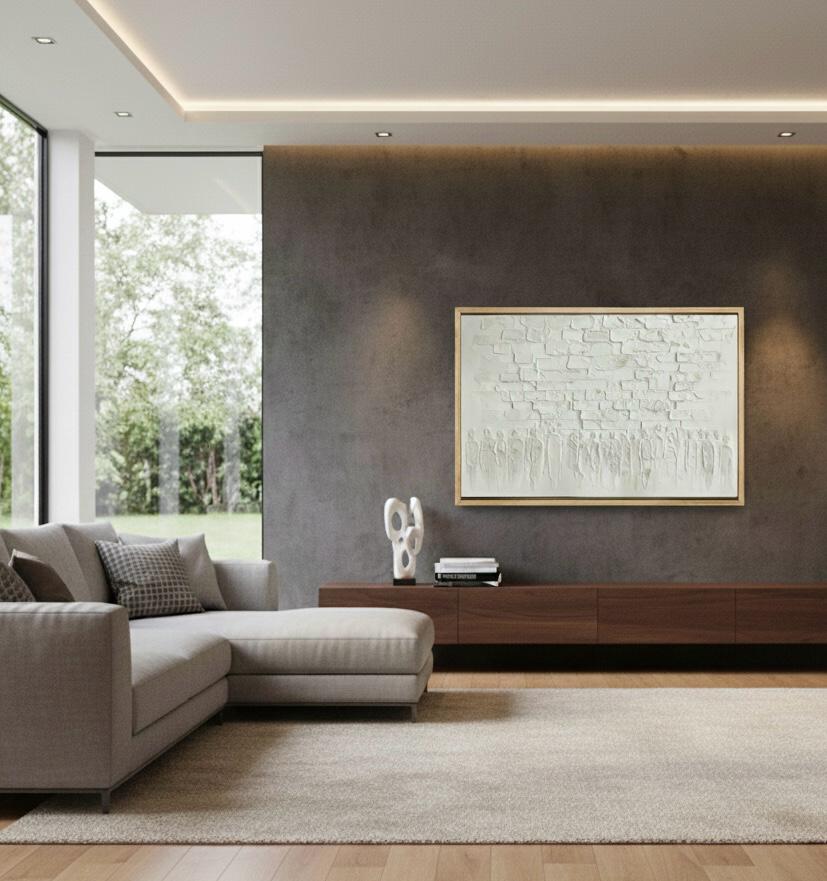 Whitewashed textured modern Western Wall art on a dark wall above a wooden console in a minimalist living room.