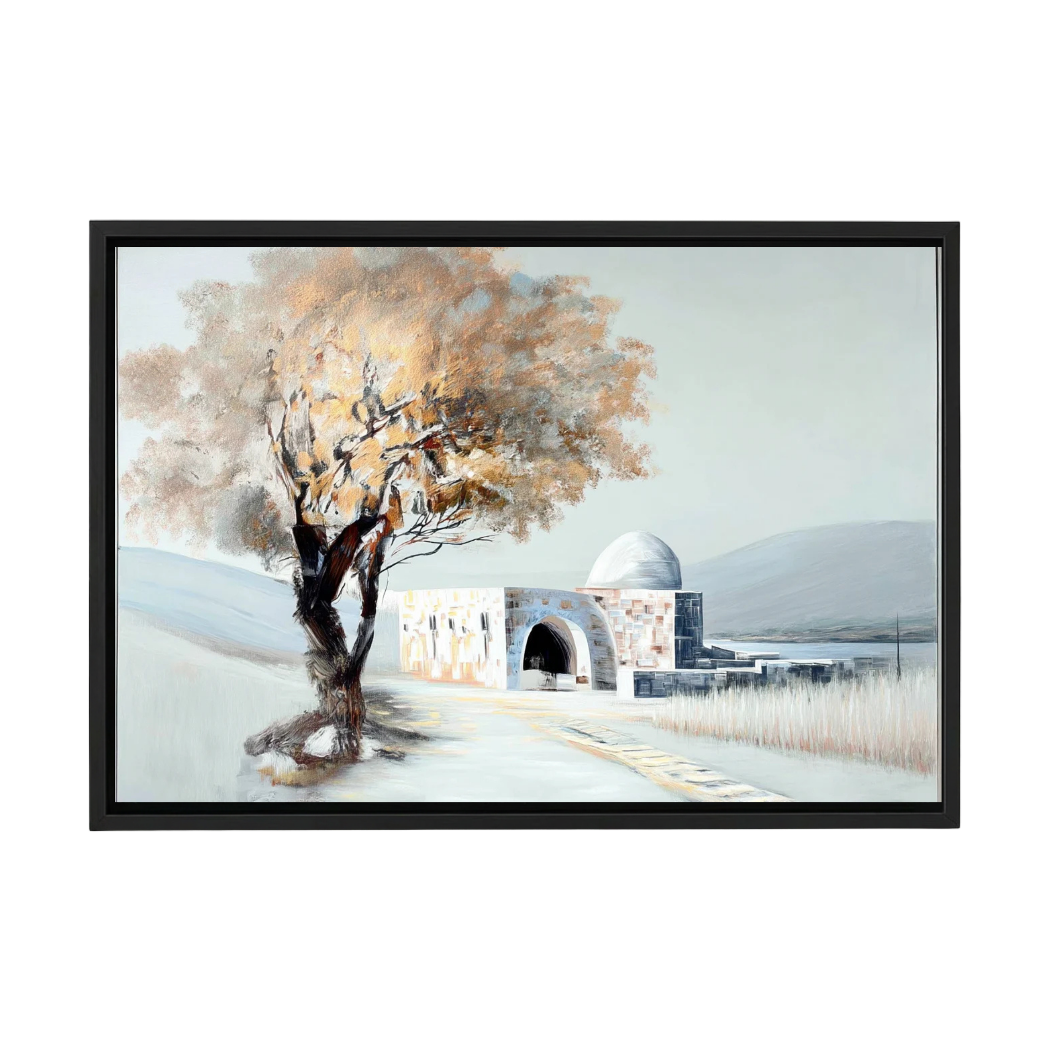 Framed canvas art of Rachel’s Tomb with muted earthy tones and a large tree in foreground.