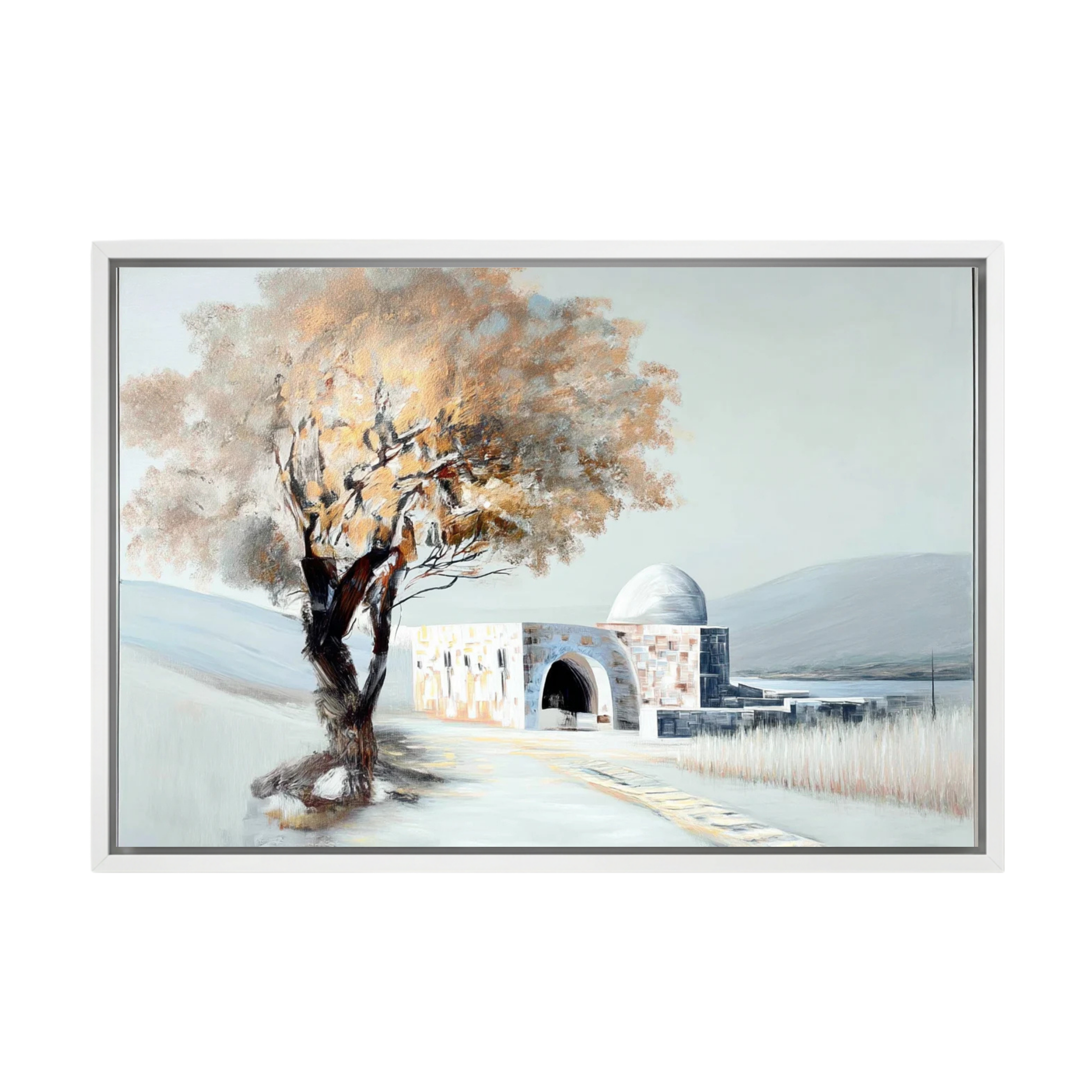 Neutral-toned painting of Rachel's Tomb with a large tree in soft autumn colors on a pale blue-gray background, framed in.