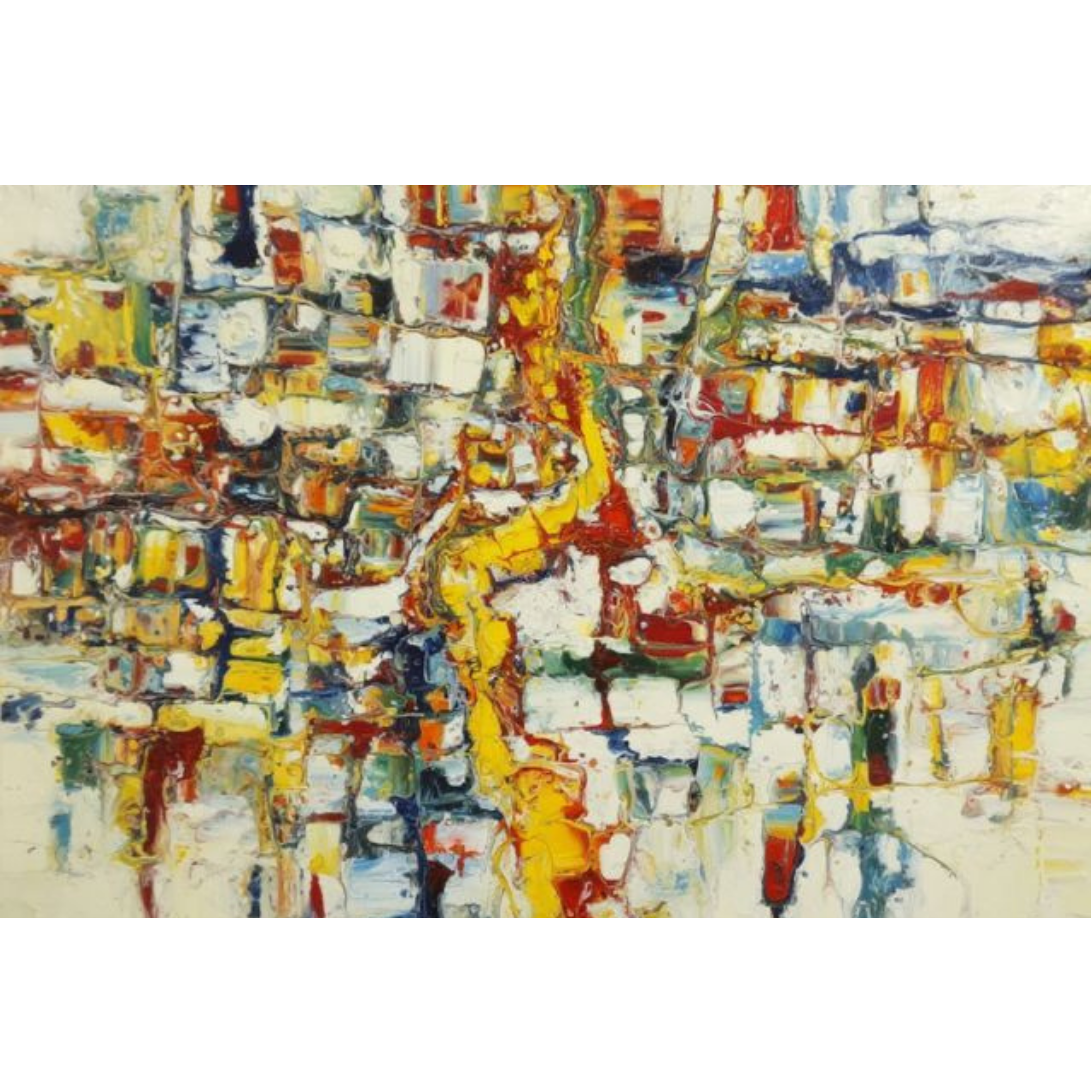 Abstract vibrant Western Wall artwork with bold yellow, blue, and red brushstrokes on canvas.