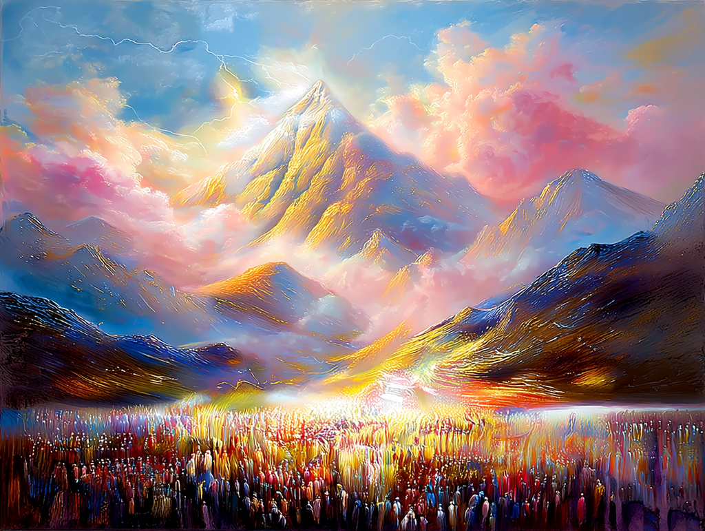 Vibrant canvas art of Mount Sinai with radiant pink and blue skies and a glowing crowd below.