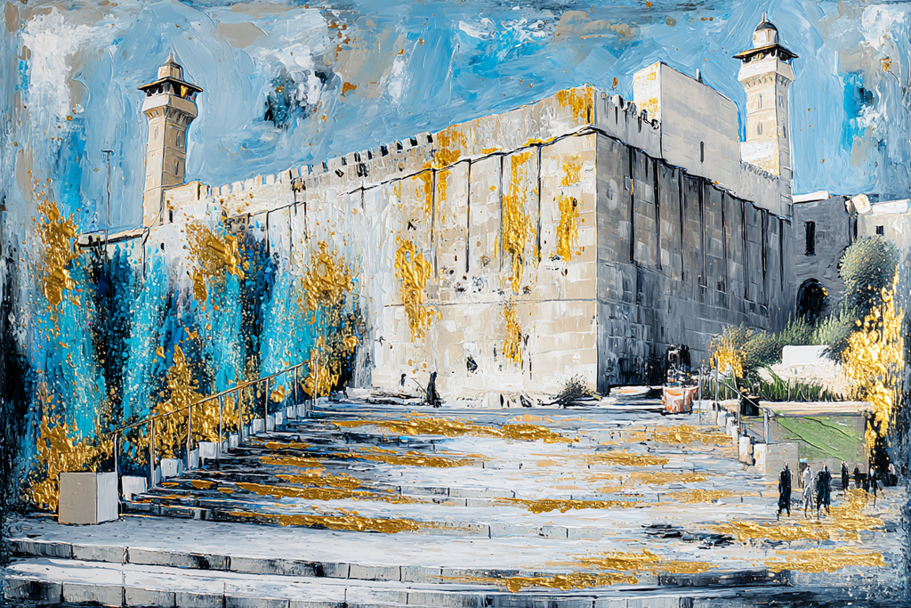 Blue and gold acrylic painting of the Cave of Patriarchs on aluminum canvas with textured brushstrokes.