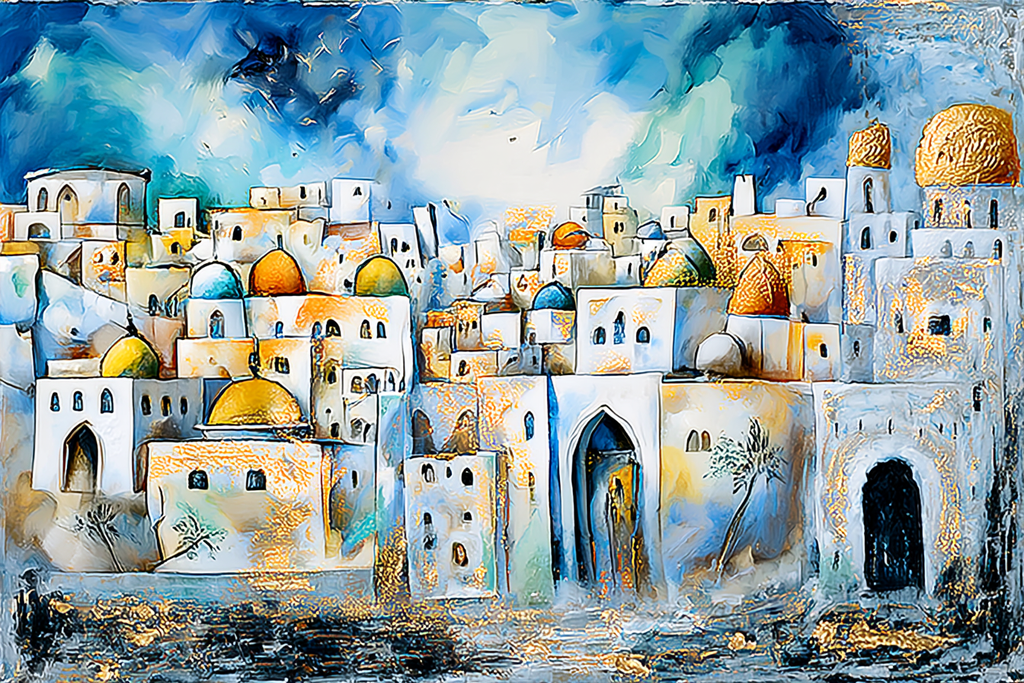 Blue and gold Jerusalem skyline artwork with domed buildings and textured brushstrokes.