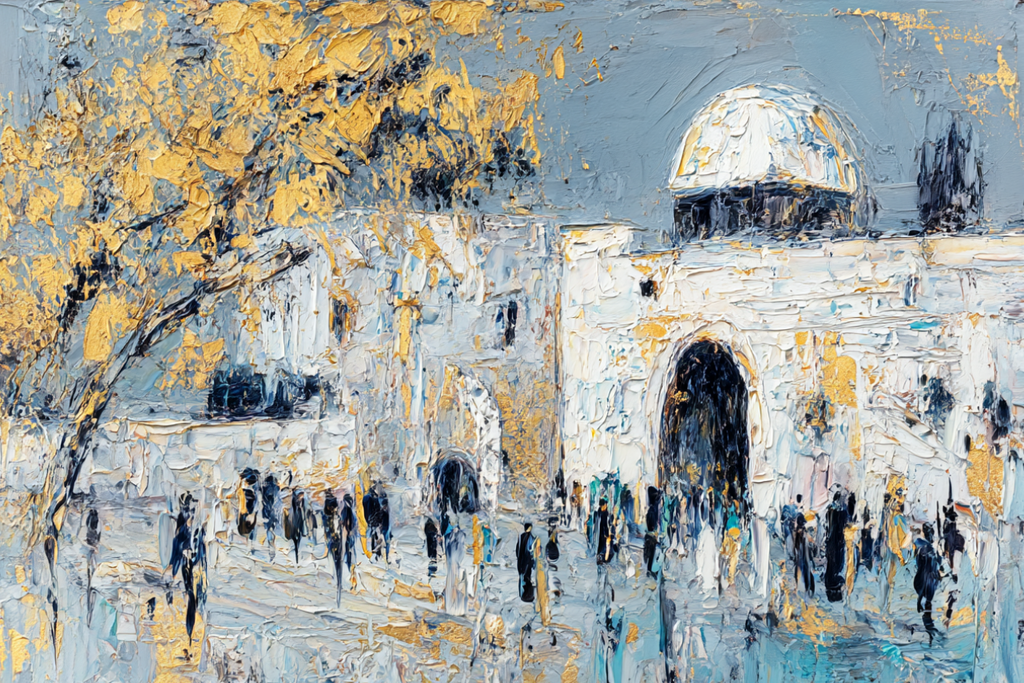 Impressionist acrylic painting of Rachel’s Tomb with golden tree and soft blue-gray sky on aluminum canvas.