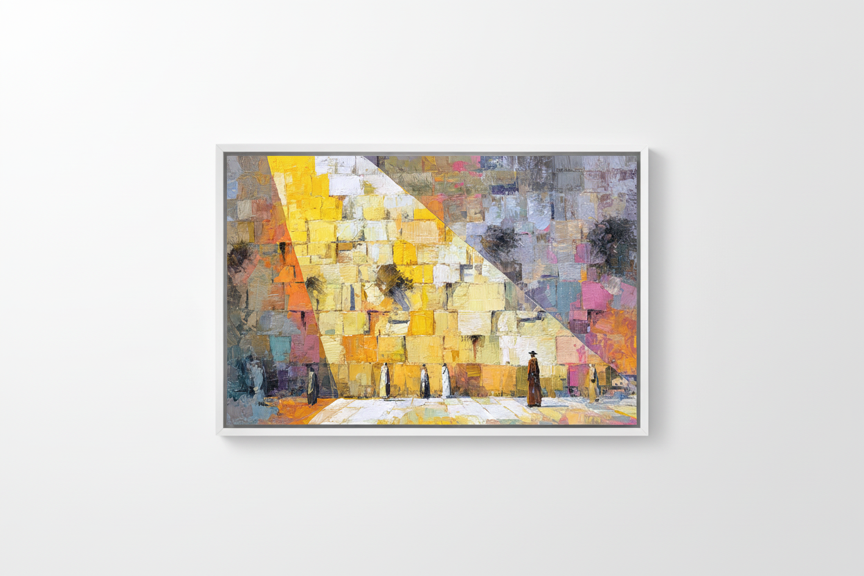 Abstract geometric Western Wall artwork in yellow, gray, and purple hues on white framed canvas.