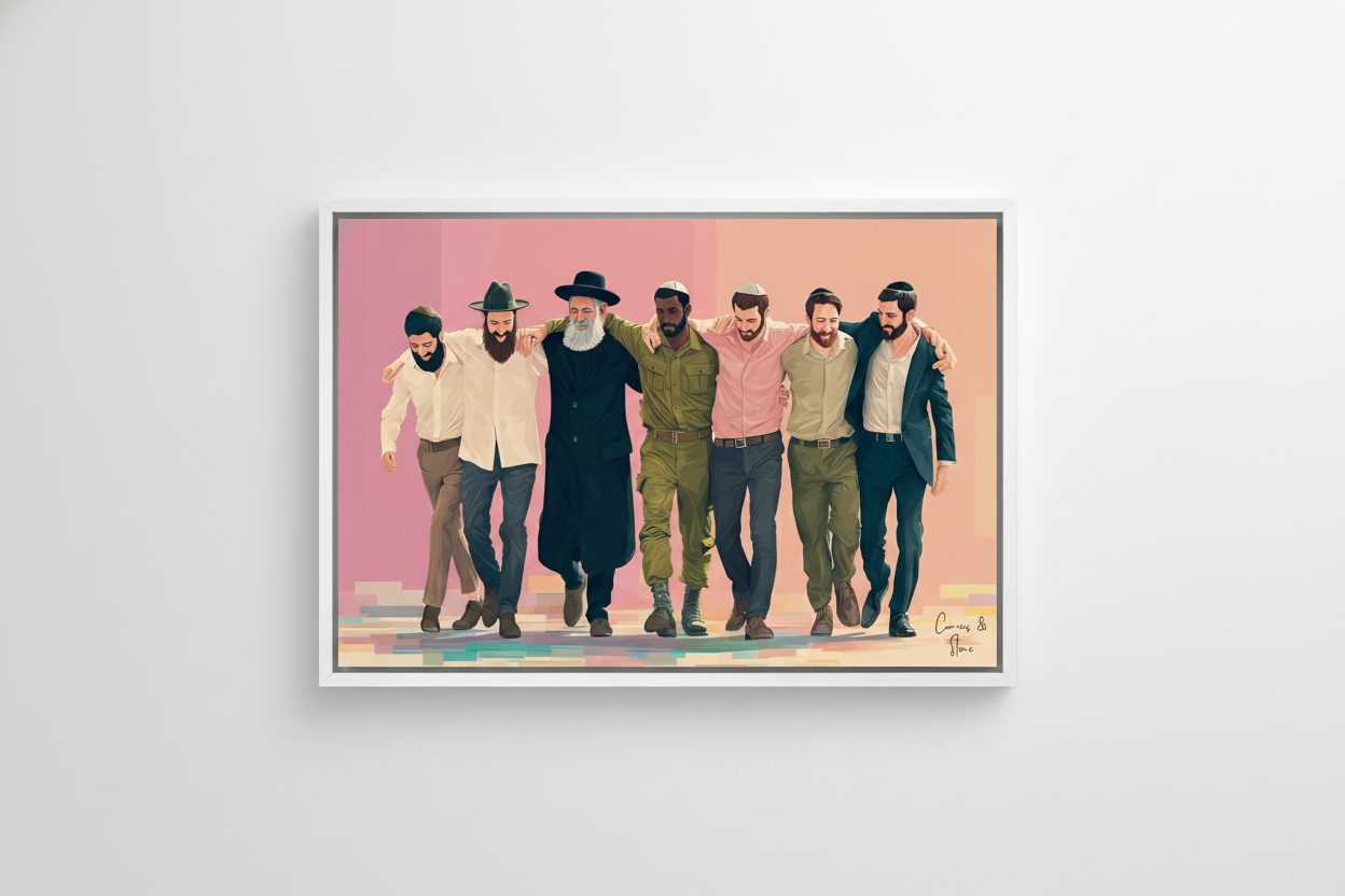 Group of seven men walking arm-in-arm against a soft pink background, acrylic art print.