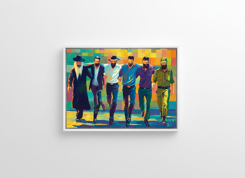 Colorful geometric artwork of five men walking together, vibrant blue, green, and orange tones on aluminum panel.