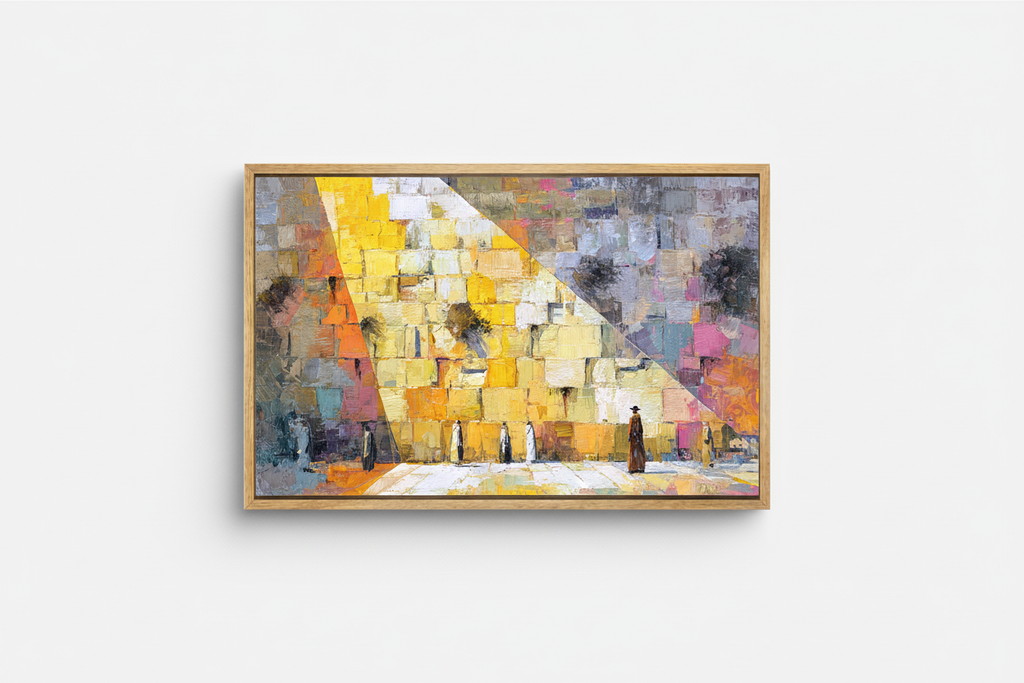 Abstract geometric Western Wall artwork with bold yellow, gold, and gray tones, framed in light wood.