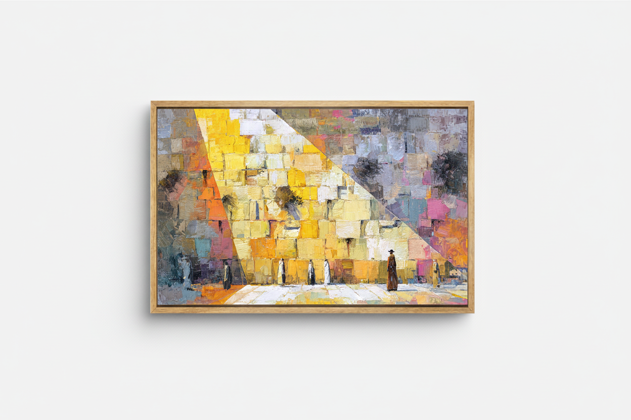 Abstract geometric Western Wall artwork with bold yellow, gold, and gray tones, framed in light wood.