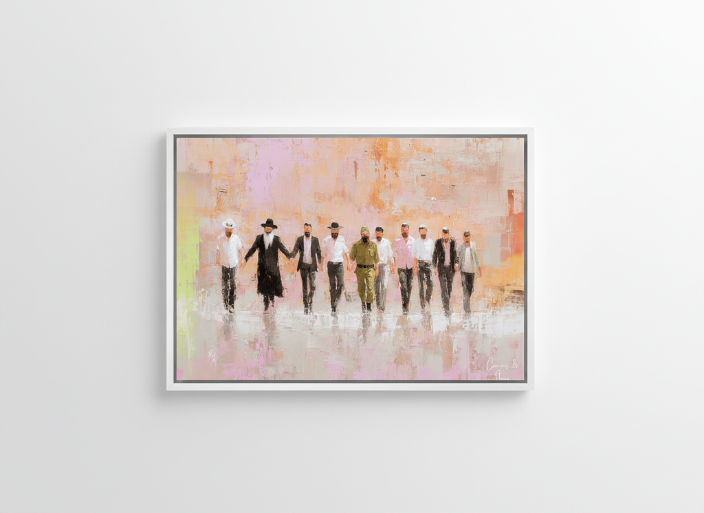 Framed impressionistic painting of people in traditional Jewish attire holding hands against warm pastel background.